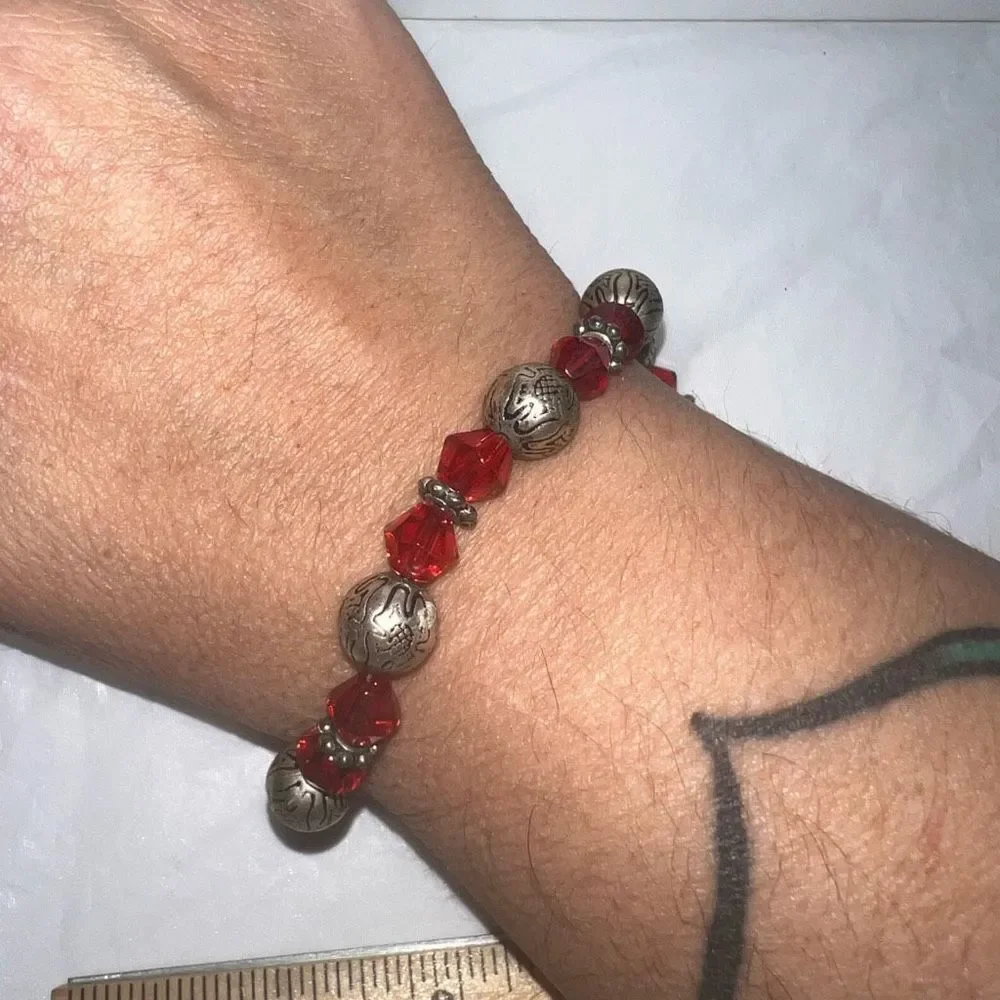 Vintage Boho Silver Tone And Orange Red Faceted Bead Bracelet